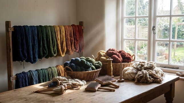 A cozy textile workshop with colorful dyed wool yarn skeins hanging on a wooden rack and baskets of raw fiber on a table by a sunlit window. Craft studio scene