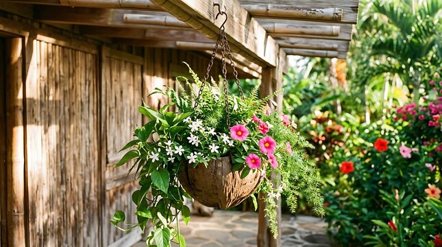 Hanging basket with pink and white flowers on a wooden structure outdoors