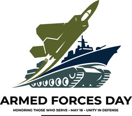 Armed Forces Day banner with military jet warship and tank silhouette flat vector illustration style © JillurRahman