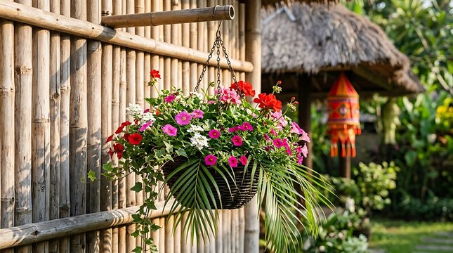 Vibrant hanging basket with colorful flowers and greenery outdoors