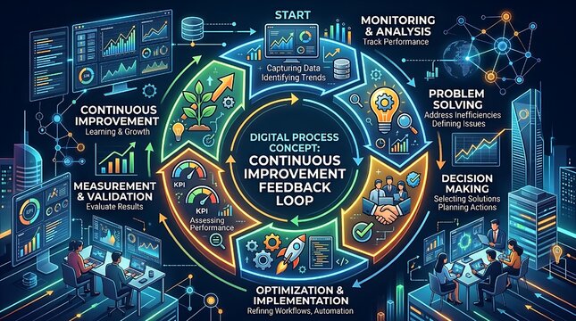 Feedback loop with continuous improvement, problem solving, monitoring, analysis, optimization, and decision making on digital process concept.