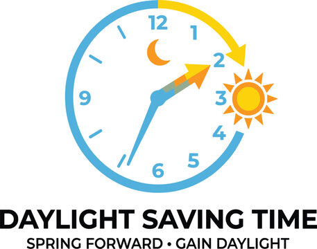 Daylight saving time spring forward infographic icon banner with clock adjustment sun moon vector design