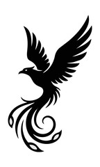 Fototapeta premium Black silhouette of a soaring phoenix bird with elegant sweeping wings and swirling tail feathers isolated on a white background, minimalist logo design concept