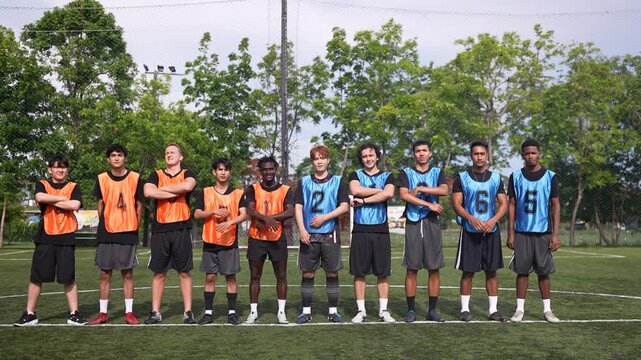 Football players with sportsmanship, determination, and physical strength will train and compete on outdoor fields under the supervision of dedicated coaches or trainers to develop teamwork or achieve