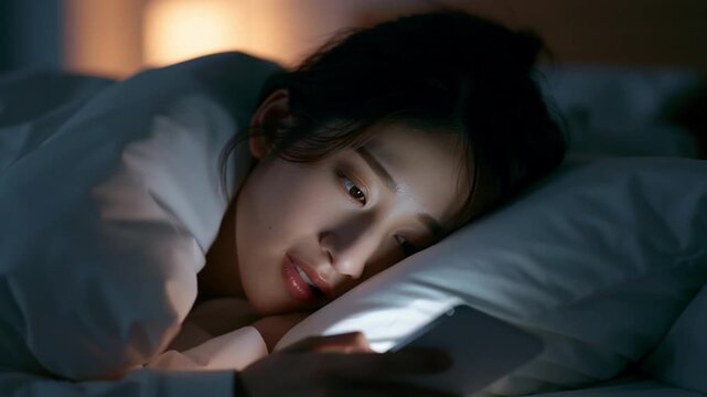 布団の中でスマホを触る日本人女性