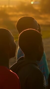 Vertical video: Reacting to soccer ball, boys in turquoise polo turning heads on sunset field
