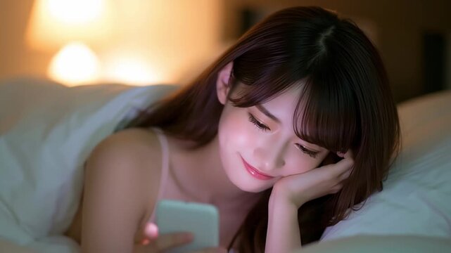 布団の中でスマホを触る日本人女性
