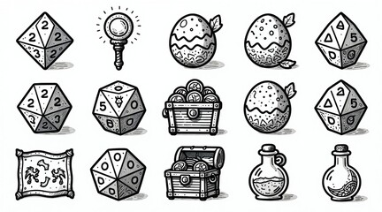 Fototapeta premium Fantasy game icons dice, magic staff, dragon eggs, treasure chests, medieval map, potion bottles. Hand drawn doodle style, adventurous themes. Great for tabletop RPGs, digital games, or fantasy art.