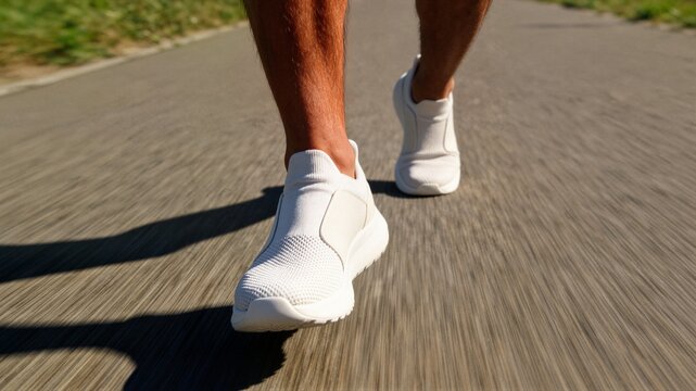 Close up of person feet walking in white slip on sneakers on asphalt road ideal for footwear advertising and casual lifestyle blog