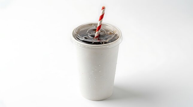 Cold soda drink in a white paper cup with a red and white striped straw for a refreshing takeaway meal. fountain soda cup
