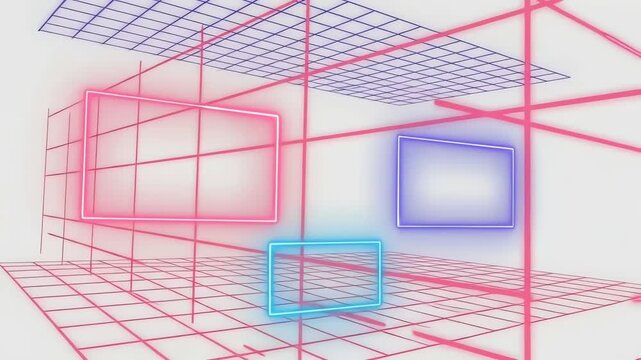 Retro futuristic digital grid environment with neon glowing frames