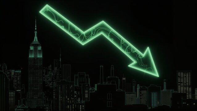 Glowing green arrow points down over city skyline, symbolizing decline or downturn.