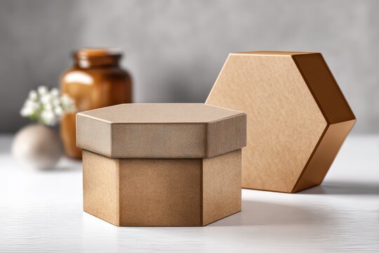 Hexagonal Brown Cardboard Gift Boxes with Natural Texture and Earthy Tones on White Surface for mock-up isolated illustration