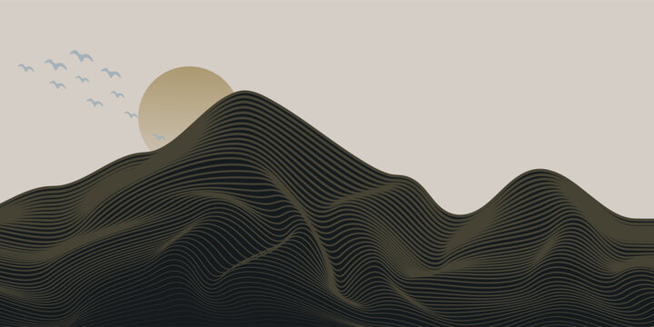 Vector abstract art landscape mountain with birds and sunrise sunset by golden line art texture isolated on dark grey black background. Minimal luxury style for wallpaper, wall art decoration.