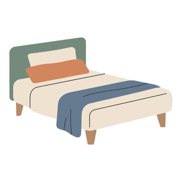 Flat vector illustration of a single bed with headboard and blanket