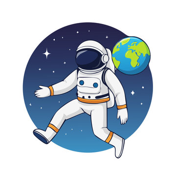 Cartoon astronaut floating in space with Earth
