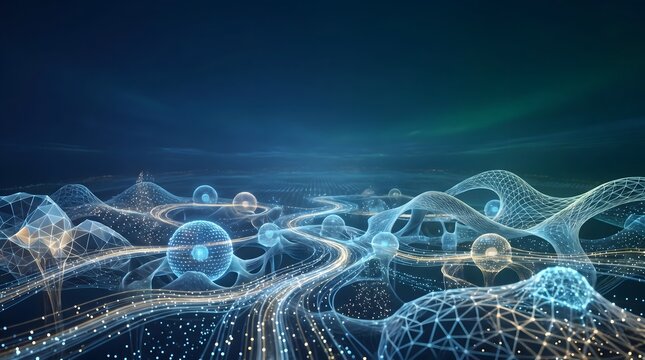 Futuristic topographical data landscape background with glowing nodes and copy space