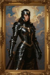 Fototapeta premium Oil painting portrait of stern woman in detailed black knight armor. Holds sword hilt with gloved hand, wearing ornate helmet. Sky clouds in background. Artwork shows warrior strength, fantasy theme.