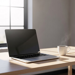 Fototapeta premium Modern Laptop and Steaming Coffee Mug on a Wooden Desk by a Sunlit Window