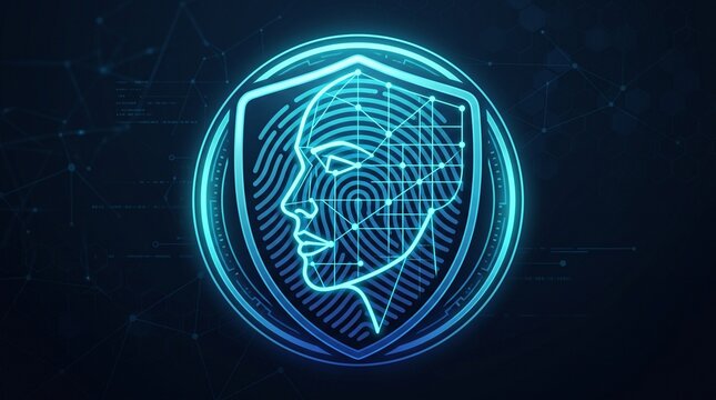Digital security concept with glowing blue face recognition and fingerprint scan inside a shield emblem on a dark network background