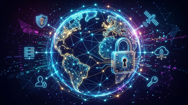 Global Digital Security Network with Earth Globe, Padlock, Key, Cloud, Server and Satellite Icons