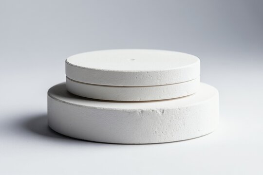 Two white round ceramic blanks sit stacked on a clean white surface. These are dental zirconia blocks for making artificial teeth crowns and dentures. The material is processed in dental labs.