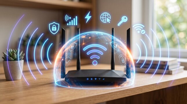 Modern wireless router with glowing digital interface and security icons symbolizing network connectivity and protection