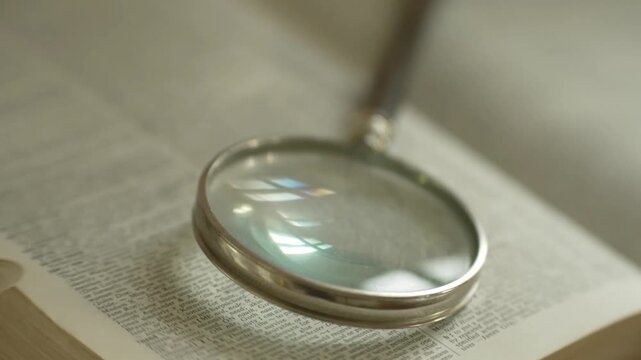 Close up of a vintage magnifying glass on open book pages with copy space.