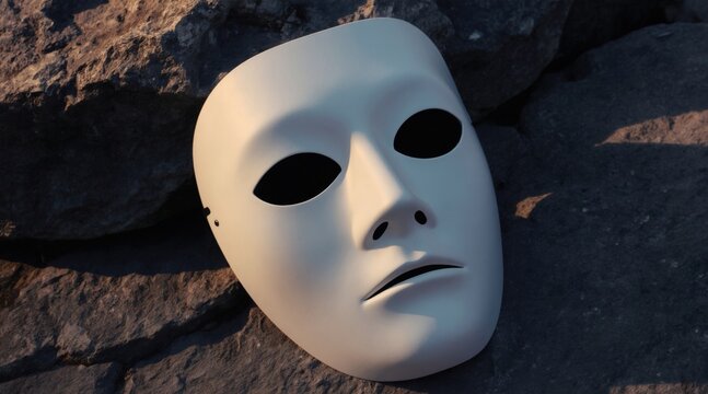 Blank white mask rests on rough gray stones. Featureless face hides identity. Symbol of secrecy deception or hidden feelings. Mystery shrouded concept.