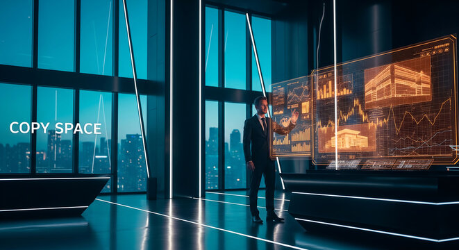 Businessman in a dark suit interacting with holographic property analytics screens in a futuristic high-rise office at dusk, suitable for proptech
