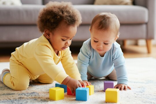 Two babies of different ethnicities play together on colorful rug with building blocks. Crawling, interacting with educational toys in bright living room setting, focusing on early development, fun