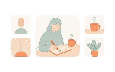 Fototapeta premium A woman is writing in her journal with a cup of coffee beside her.