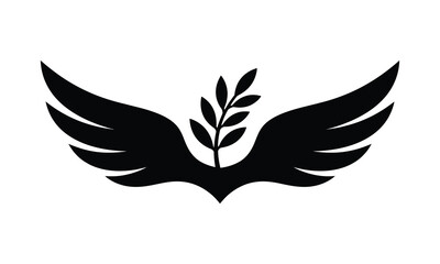 Fototapeta premium Black silhouette of bird wings with olive branch leaves centered on white canvas.