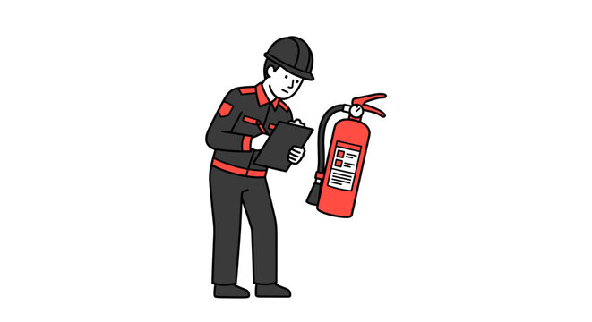 Technician inspecting red fire extinguisher while taking notes