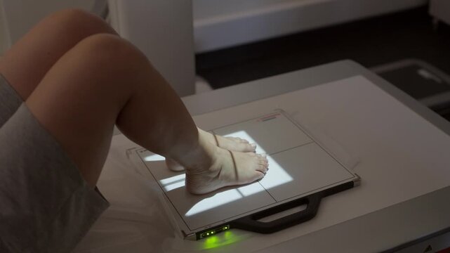 Close up of a patients feet placed on a digital radiograph sensor plate in a clinic. Useful for healthcare, podiatry, and diagnostic technology content.