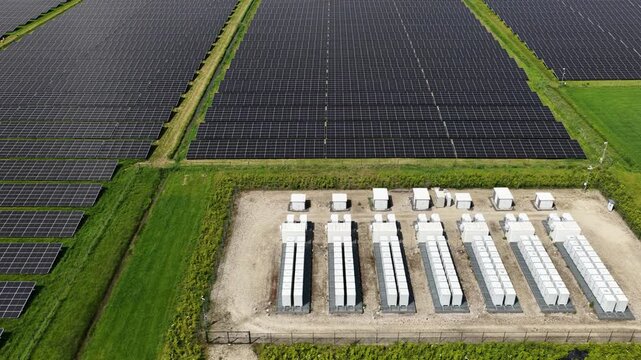 Aerial view of a large solar farm with rows of photovoltaic panels beside a modern battery energy storage facility, illustrating renewable power generation and grid stability