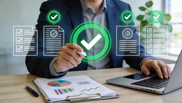Document approval process with green checks, contract signing and verification workflow, legal compliance and administrative authorization concept.