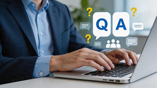 Businessman typing on laptop keyboard with QA speech bubble icons and question marks floating above, representing quality assurance, customer support, technical help