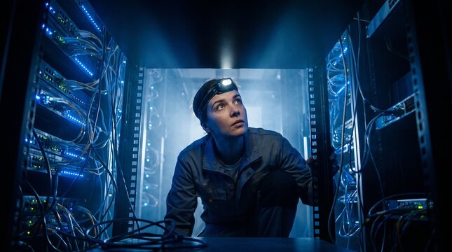 A Professional Data Center Technician Inspects Server Rack Infrastructure and Networking Equipment Under Low Light Conditions
