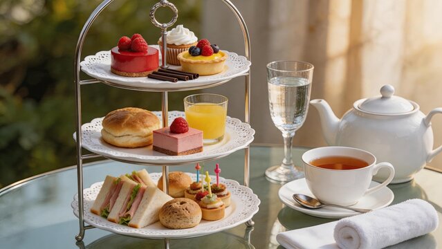 Elegant afternoon tea service with three tier cake stand, sandwiches, scones, pastries, teapot, and cup on glass table, luxury hospitality concept.
