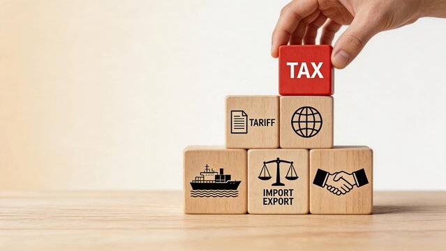 Wooden blocks pyramid showing tax tariff import export and global trade icons representing international business logistics shipping and economic customs regulations.
