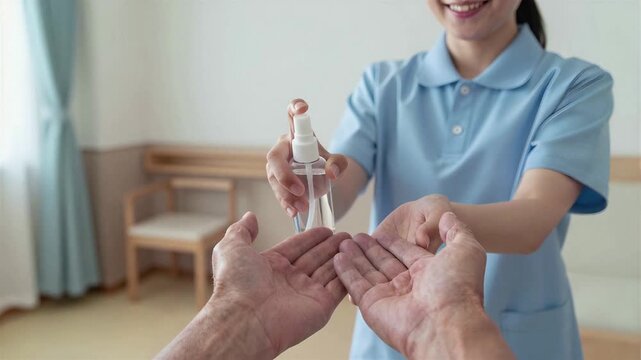 Japanese Female Caregiver Encouraging Hand Sanitization at Care Facility Room, Copy space on the left, POV, 4K, Seamless loop