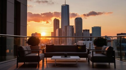 Obraz premium Modern balcony overlooks city skyline at sunset. Furniture on terrace with glass railing. Urban view with skyscrapers during golden hour. Outdoor relaxation space.