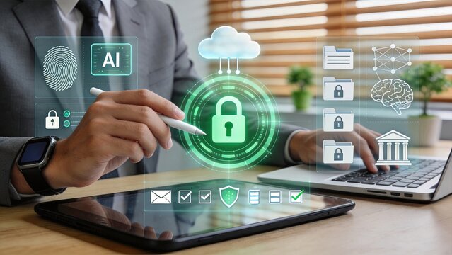 Futuristic interface showing cloud computing brain network and security icons, advanced technology connection and data management concept