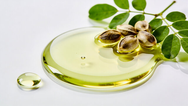Macro shot of moringa seeds in pure moringa oleifera oil puddle with fresh green leaves.