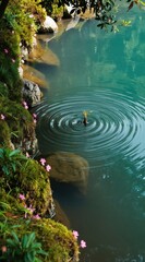 Obraz premium Tranquil water surface with gentle ripples from a small plant. Mossy rocks and pink flowers line the shore. Lush green vegetation grows near clear blue water.