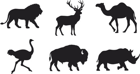 Global Wildlife and Safari Animals Black Silhouette Vector Set Featuring African Lion, Wild Deer Stag, Desert Camel, Ostrich, American Bison, and Rhinoceros © Rumi