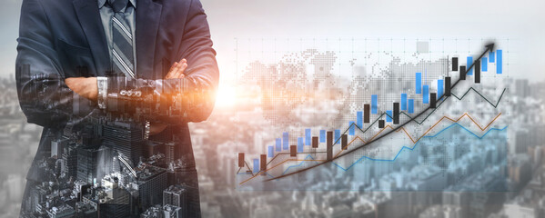 A businessman stands confidently with arms crossed, gazing over a cityscape illuminated by financial growth graphs, symbolizing success and future opportunities. Impute © InfiniteFlow
