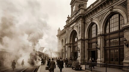 Obraz premium Vintage steam train arriving at a historic railway station in sepia tones