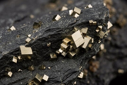 Extreme macro of rough dark slate stone with embedded geometric pyrite crystals for a sharp tactile background.